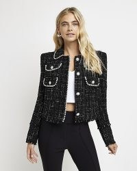 RIVER ISLAND BLACK CROP BOUCLE PEARL BLAZER ~ women’s fringed tweed style jackets ~ womens embellished textured fabric blazers