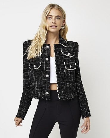RIVER ISLAND BLACK CROP BOUCLE PEARL BLAZER ~ women’s fringed tweed style jackets ~ womens embellished textured fabric blazers - flipped