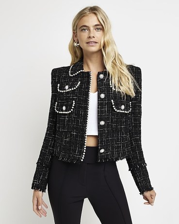 RIVER ISLAND BLACK CROP BOUCLE PEARL BLAZER ~ women’s fringed tweed style jackets ~ womens embellished textured fabric blazers