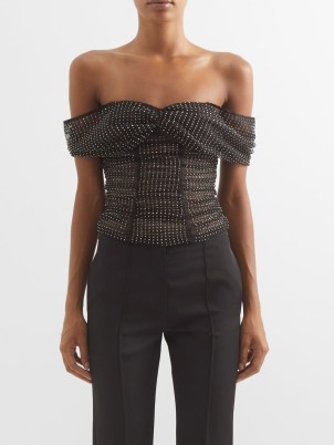 SELF-PORTRAIT Crystal-embellished off-the-shoulder fishnet top in black – romantic semi sheer bardot tops covered in crystals – romance inspired evening fashion – sweetheart neckline – glittering occasion clothes – matchesfashion - flipped