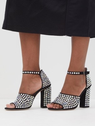 GUCCI Fanny 115 crystal-embellished suede sandals in black – block heel ankle strap shoes covered in crystals – luxury designer footwear – matchesfashion - flipped