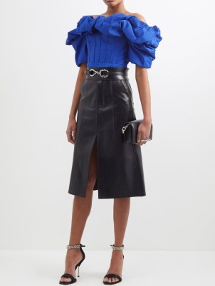 ALEXANDER MCQUEEN High-rise front-slit leather midi skirt in black | luxe split hem skirts | women’s designer clothes | MATCHESFASHION - flipped