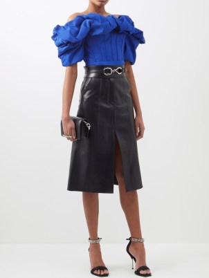 ALEXANDER MCQUEEN High-rise front-slit leather midi skirt in black | luxe split hem skirts | women’s designer clothes | MATCHESFASHION