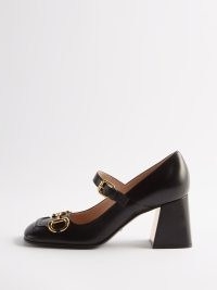 GUCCI Horsebit 75 leather block-heel pumps in black ~ chunky square toe Mary Jane shoes ~ snaffle front Mary Janes ~ MATCHESFASHION