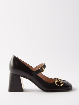 GUCCI Horsebit 75 leather block-heel pumps in black ~ chunky square toe Mary Jane shoes ~ snaffle front Mary Janes ~ MATCHESFASHION - flipped