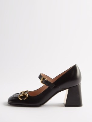 GUCCI Horsebit 75 leather block-heel pumps in black ~ chunky square toe Mary Jane shoes ~ snaffle front Mary Janes ~ MATCHESFASHION