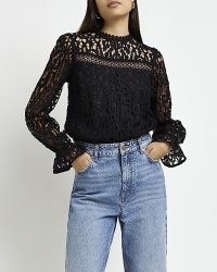 RIVER ISLAND BLACK LACE FLUTE CUFF BLOUSE ~ long sleeved semi sheer blouses