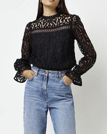 RIVER ISLAND BLACK LACE FLUTE CUFF BLOUSE ~ long sleeved semi sheer blouses - flipped