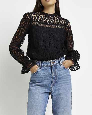 RIVER ISLAND BLACK LACE FLUTE CUFF BLOUSE ~ long sleeved semi sheer blouses