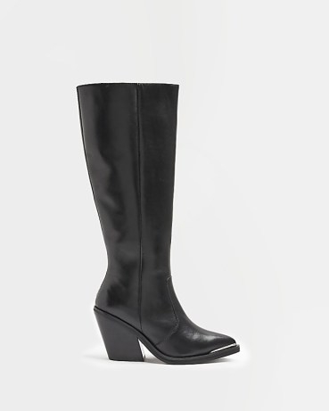 RIVER ISLAND BLACK LEATHER KNEE HIGH HEELED BOOTS ~ women’s block heel Western inspired boots - flipped