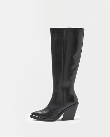 RIVER ISLAND BLACK LEATHER KNEE HIGH HEELED BOOTS ~ women’s block heel Western inspired boots