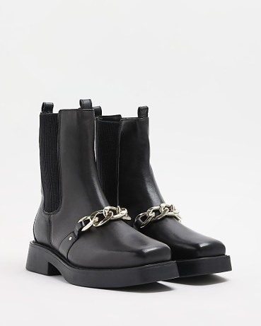RIVER ISLAND BLACK LEATHER WIDE FIT CHAIN BOOTS ~ chunky embellishments ~ chelsea style - flipped