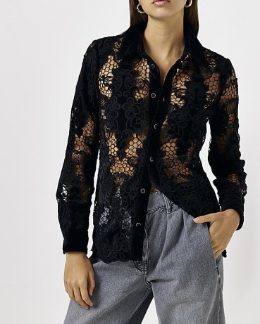 RIVER ISLAND BLACK LONG SLEEVE LACE BLOUSE ~ floral collared blouses ~ women’s semi sheer shirts - flipped