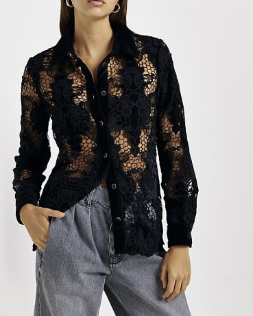 RIVER ISLAND BLACK LONG SLEEVE LACE BLOUSE ~ floral collared blouses ~ women’s semi sheer shirts