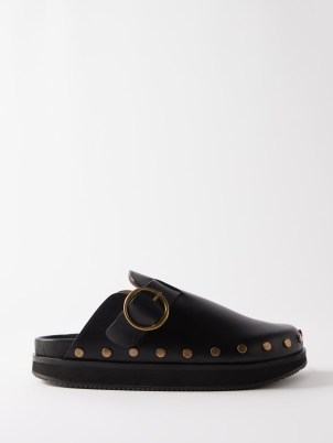 ISABEL MARANT Mirst buckled backless leather loafers in black | women’s clog style loafer shoes | womens studded and buckled flat mules | MATCHESFASHION | casual designer footwear - flipped