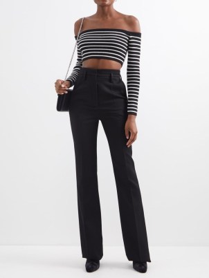 SAINT LAURENT Off-the-shoulder striped wool-blend cropped top in black and white – crop hem bardot tops – women’s designer fashion – matchesfashion - flipped