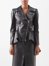 ALEXANDER MCQUEEN Peplum leather jacket in black | women’s designer biker style jackets | zip and stud detail outerwear | MATCHESFASHION