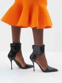 ALEXANDER MCQUEEN Punk 105 metal-toecap patent-leather pumps in black ~ glossy ankle cuff high heels ~ MATCHESFASHION