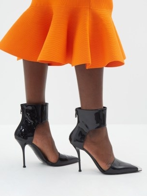 ALEXANDER MCQUEEN Punk 105 metal-toecap patent-leather pumps in black ~ glossy ankle cuff high heels ~ MATCHESFASHION