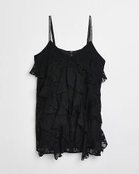 RIVER ISLAND BLACK SATIN FRILL MINI SLIP DRESS ~ layered ruffle cami strap evening dresses ~ ruffled party fashion