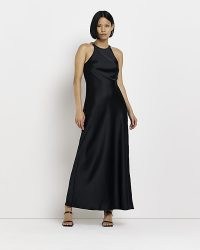 RIVER ISLAND BLACK SATIN HALTER NECK MAXI DRESS ~ long length halterneck dresses ~ evening fashion