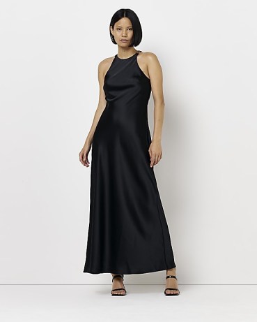 RIVER ISLAND BLACK SATIN HALTER NECK MAXI DRESS ~ long length halterneck dresses ~ evening fashion - flipped