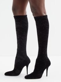 SAINT LAURENT Talia 110 crushed-velvet knee-high boots in black ~ glamorous designer footwear ~ MATCHESFASHION ~ pointed toe with stiletto heel
