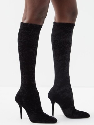 SAINT LAURENT Talia 110 crushed-velvet knee-high boots in black ~ glamorous designer footwear ~ MATCHESFASHION ~ pointed toe with stiletto heel - flipped