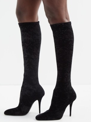 SAINT LAURENT Talia 110 crushed-velvet knee-high boots in black ~ glamorous designer footwear ~ MATCHESFASHION ~ pointed toe with stiletto heel