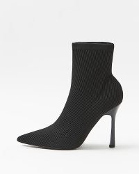 RIVER ISLAND BLACK WIDE FIT HEELED SOCK BOOTS ~ ribbed knit stiletto heel ankle booties