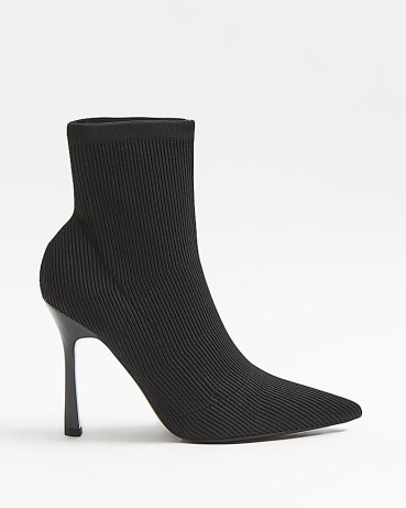 RIVER ISLAND BLACK WIDE FIT HEELED SOCK BOOTS ~ ribbed knit stiletto heel ankle booties - flipped