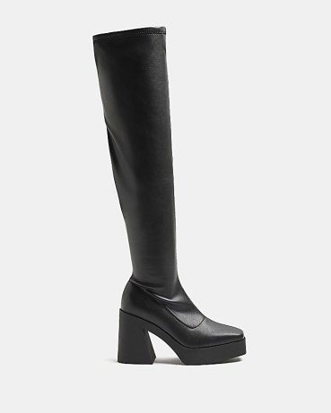 RIVER ISLAND BLACK WIDE FIT KNEE HIGH PLATFORM BOOTS ~ chunky block heel platforms ~ womens retro look footwear - flipped