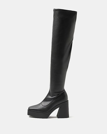 RIVER ISLAND BLACK WIDE FIT KNEE HIGH PLATFORM BOOTS ~ chunky block heel platforms ~ womens retro look footwear