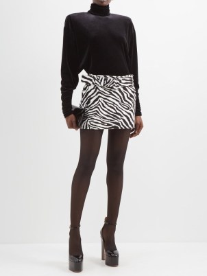 ALESSANDRA RICH Zebra-print cotton-velvet mini skirt – black and white striped skirts – mono animal prints – monochrome fashion -MATCHESFASHION - flipped