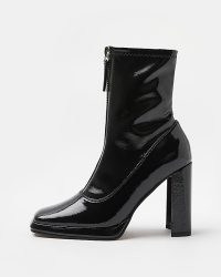 RIVER ISLAND BLACK ZIP FRONT PATENT SOCK BOOTS | shiny retro style footwear | high block heel | square toe | high shine