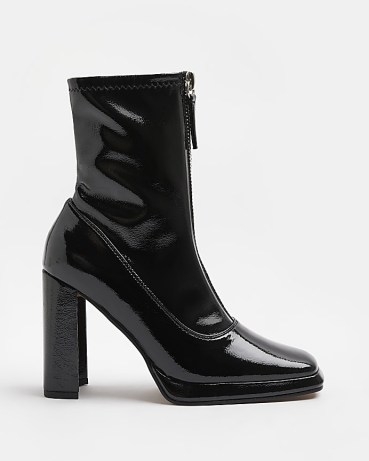 RIVER ISLAND BLACK ZIP FRONT PATENT SOCK BOOTS | shiny retro style footwear | high block heel | square toe | high shine - flipped
