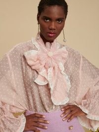 sister jane DREAM Tiffany Polka Dot Blouse Rose Quartz – sheer billowing oversized blouses – romantic fashion frilly floral neck tie detail – romance inspired vintage look clothes – SKYLINE DIARIES collection