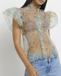RIVER ISLAND BLUE FLORAL ORGANZA BLOUSE – sheer short sleeve blouses – exaggerated puffy sleeves