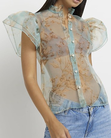 RIVER ISLAND BLUE FLORAL ORGANZA BLOUSE – sheer short sleeve blouses – exaggerated puffy sleeves