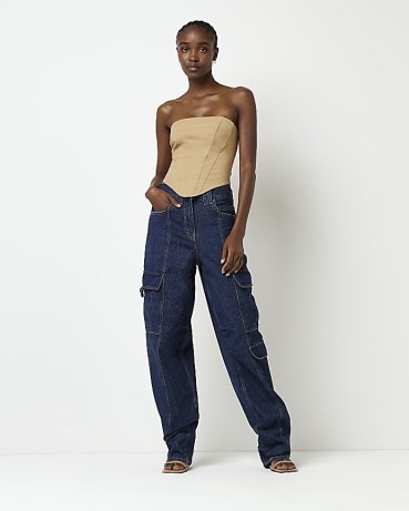 RIVER ISLAND BLUE MID RISE POCKETED CARGO JEANS | side pocket detail denim trousers - flipped