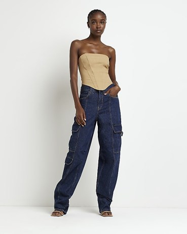 RIVER ISLAND BLUE MID RISE POCKETED CARGO JEANS | side pocket detail denim trousers