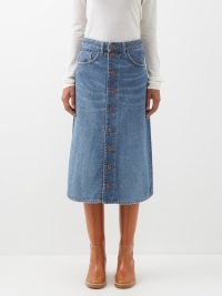 CHLOÉ Recycled cotton-blend denim midi skirt ~ blue fadewash finish A-line skirts ~ women’s designer wardrobe staples ~ MATCHESFASHION ~ womens sustainable clothing