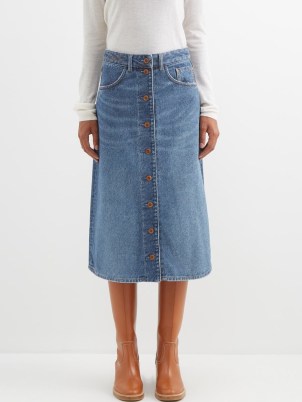 CHLOÉ Recycled cotton-blend denim midi skirt ~ blue fadewash finish A-line skirts ~ women’s designer wardrobe staples ~ MATCHESFASHION ~ womens sustainable clothing - flipped