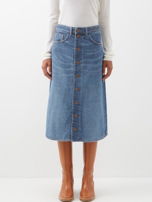 CHLOÉ Recycled cotton-blend denim midi skirt ~ blue fadewash finish A-line skirts ~ women’s designer wardrobe staples ~ MATCHESFASHION ~ womens sustainable clothing