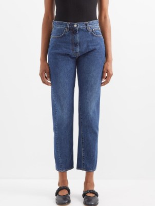 TOTEME Twisted-seam cropped slim-leg jeans in blue | women’s organic cotton denim fashion | MATCHESFASHION | crop hem - flipped