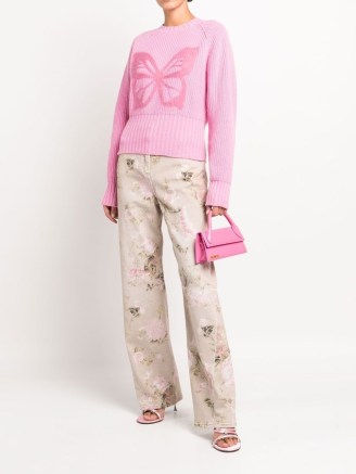 Blumarine butterfly motif crew neck jumper in pink | feminine raglan sleeve jumpers | butterflies on knitwear | FARFETCH | women’s chunky wool-cashmere blend sweaters - flipped