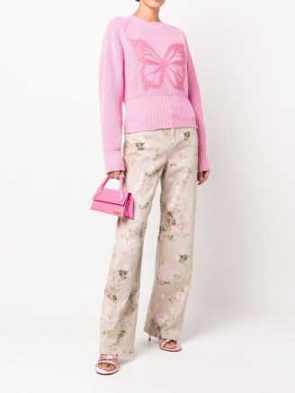 Blumarine butterfly motif crew neck jumper in pink | feminine raglan sleeve jumpers | butterflies on knitwear | FARFETCH | women’s chunky wool-cashmere blend sweaters