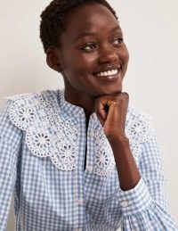 Boden Broderie Collar Shirt Blue Gingham / women’s checked shirts with oversized floral collars