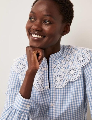 Boden Broderie Collar Shirt Blue Gingham / women’s checked shirts with oversized floral collars - flipped