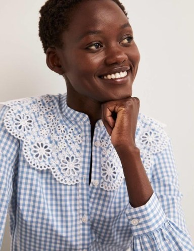 Boden Broderie Collar Shirt Blue Gingham / women’s checked shirts with oversized floral collars